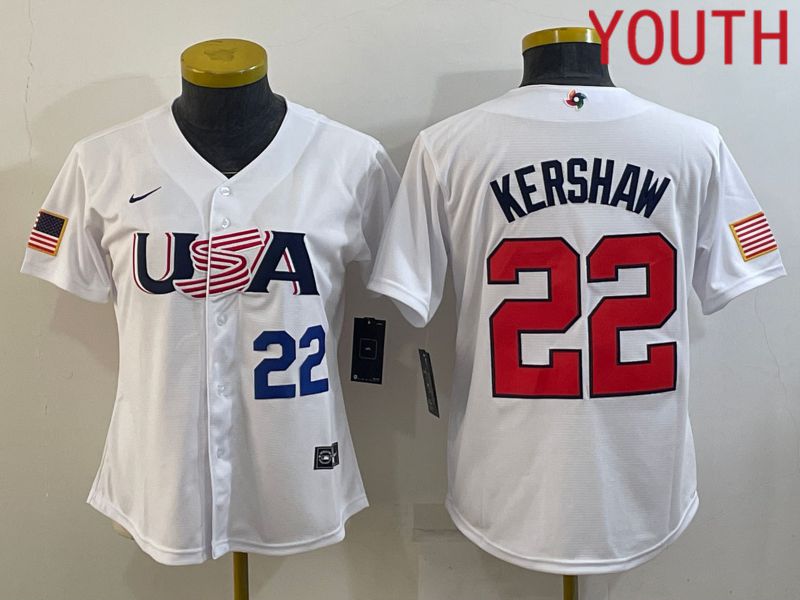 Youth 2023 World Cub USA 22 Kershaw White MLB Jersey4
